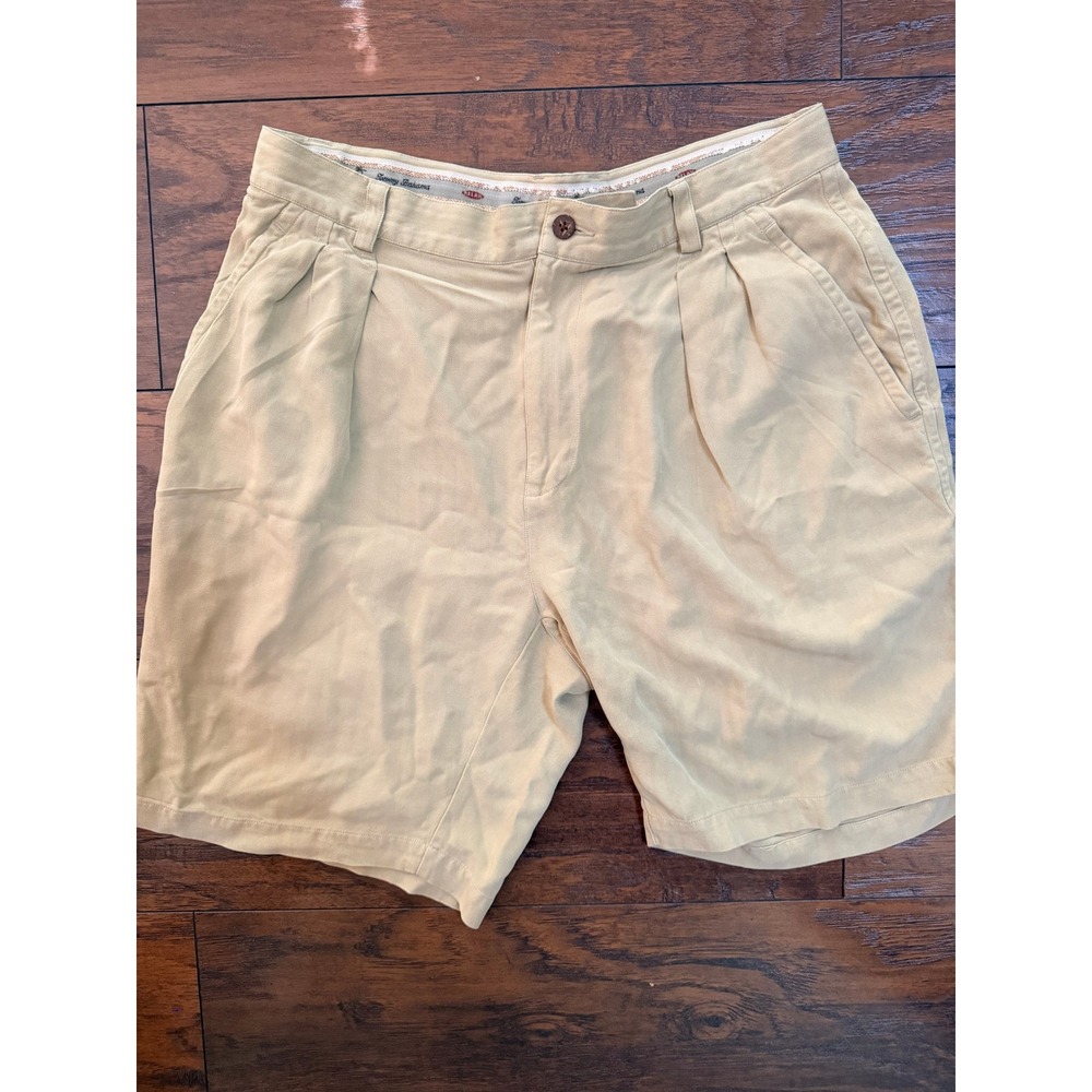 Tommy Bahama Relax Mens 32 Khaki Tan 100% Silk Pleated Island Shorts